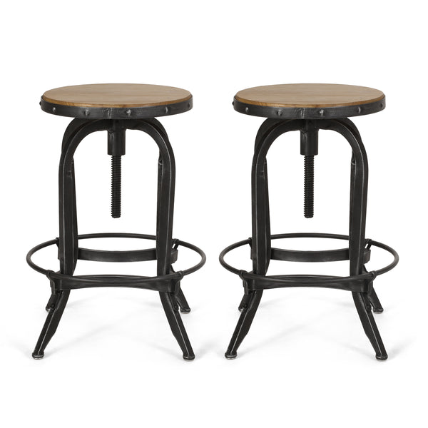 gdf studio Cedarville Industrial Firwood Adjustable Height Swivel Barstools Set of 2 Antique Natural and Pewter