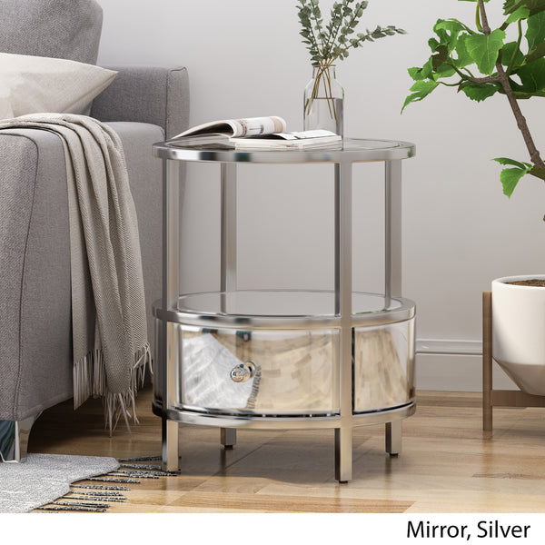 Gdf Studio Celina Modern Round End Table With Tempered Glass Drawers And Stainless Steel Frame Silver
