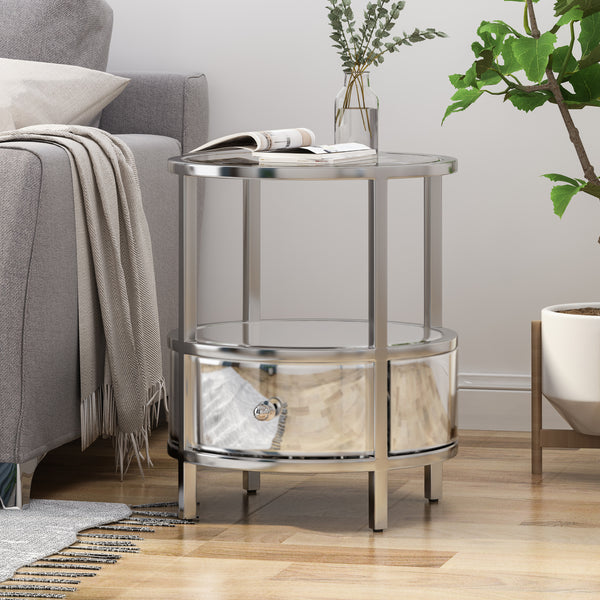 Gdf Studio Celina Modern Round End Table With Tempered Glass Drawers And Stainless Steel Frame Silver