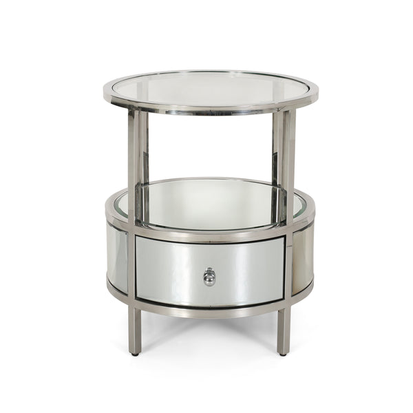 gdf studio Celina Modern Round End Table with Tempered Glass Drawers and Stainless Steel Frame Silver
