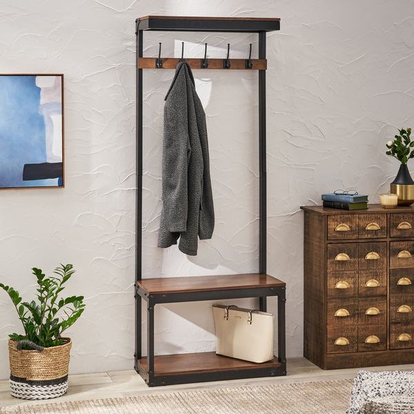 Gdf Studio Chafin Willards Modern Industrial Handcrafted Mango Wood Coat Rack With Bench Cafe Brown And Black