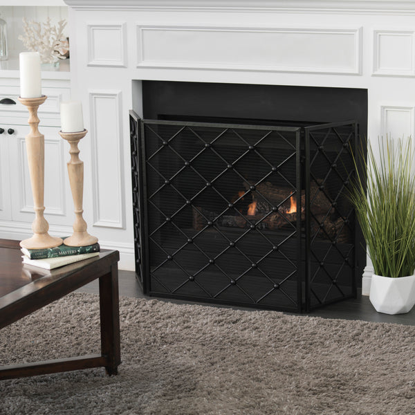 Gdf Studio Chamberlain Modern 3-Panel Diamond Pattern Iron Fireplace Screen