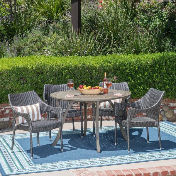 Gdf Studio Chantelle Outdoor 5 Piece Acacia Wood And Wicker Dining Set