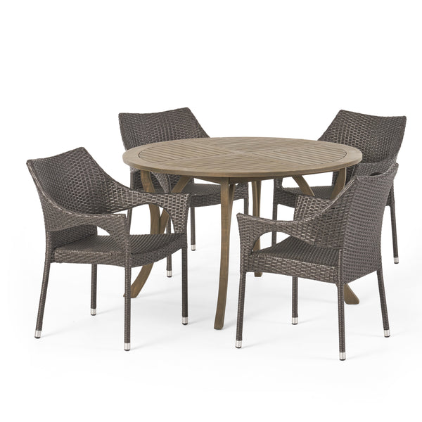 gdf studio Chantelle Outdoor 5 Piece Acacia Wood and Wicker Dining Set