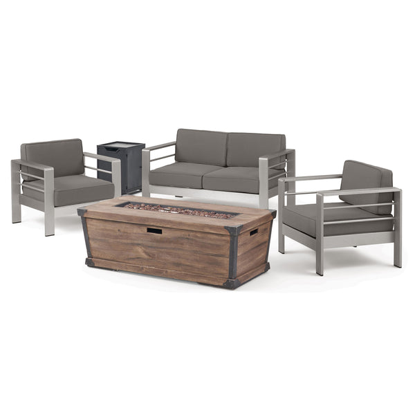 gdf studio Cherie Outdoor 3 Piece Aluminum Chat Set with Cushions and Fire Pit
