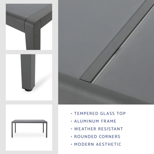 Gdf Studio Cherie Outdoor Aluminum Dining Table With Tempered Glass Table Top