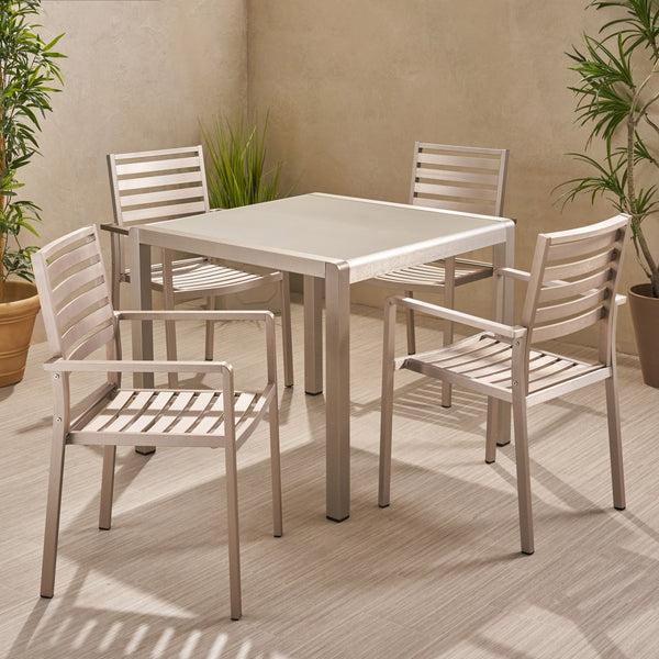 Gdf Studio Cherie Outdoor Modern 4 Seater Aluminum Dining Set With Tempered Glass Table Top