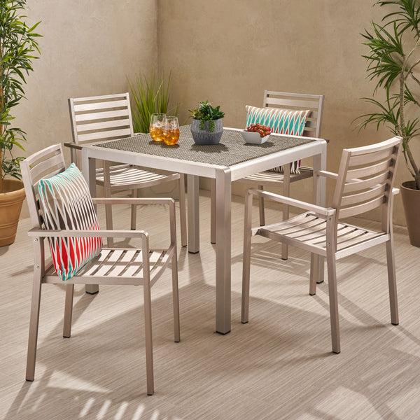gdf studio Cherie Outdoor Modern 4 Seater Aluminum Dining Set with Wicker Table Top