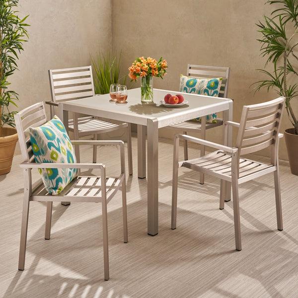 gdf studio Cherie Outdoor Modern 4 Seater Aluminum Dining Set with Tempered Glass Table Top