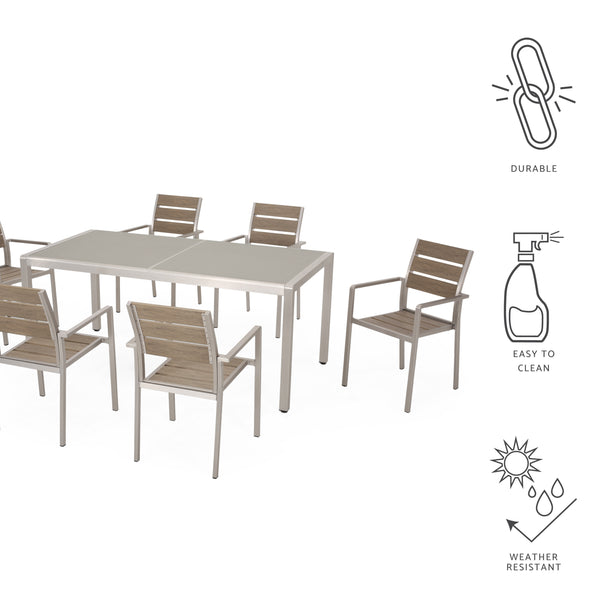 Gdf Studio Cherie Outdoor Modern 6 Seater Aluminum Dining Set With Tempered Glass Table Top