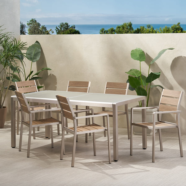 Gdf Studio Cherie Outdoor Modern 6 Seater Aluminum Dining Set With Tempered Glass Table Top