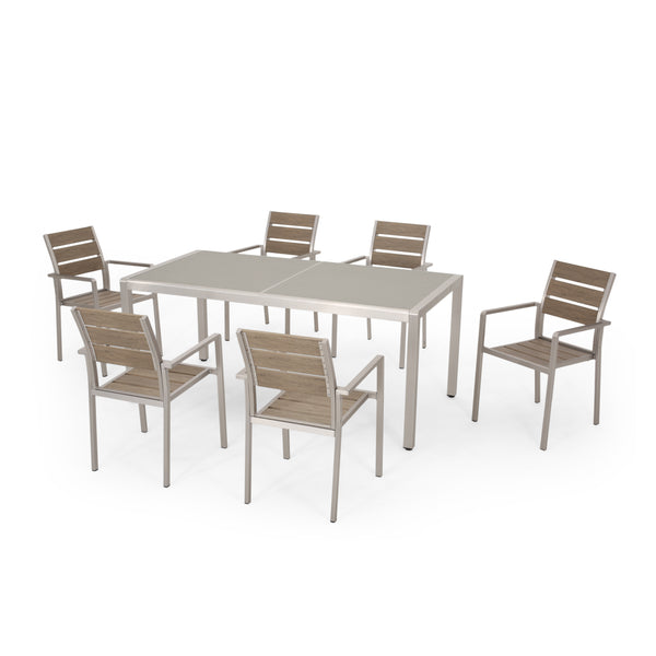 gdf studio Cherie Outdoor Modern 6 Seater Aluminum Dining Set with Tempered Glass Table Top