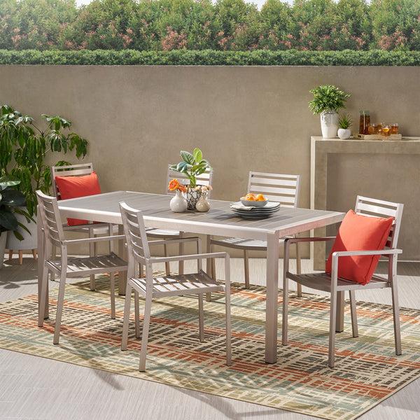 gdf studio Cherie Outdoor Modern 6 Seater Aluminum Dining Set with Faux Wood Table Top