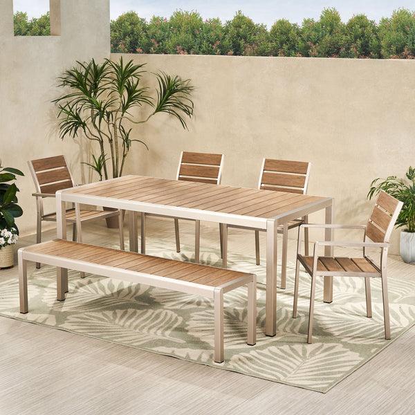 Gdf Studio Cherie Outdoor Modern Aluminum 6 Seater Dining Set With Dining Bench