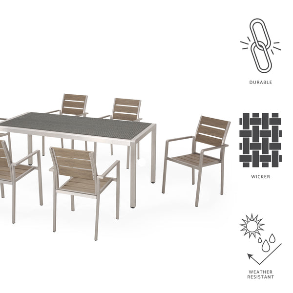 Gdf Studio Cherie Outdoor Modern Aluminum 6 Seater Dining Set With Faux Wood Seats