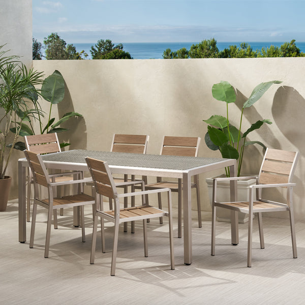 Gdf Studio Cherie Outdoor Modern Aluminum 6 Seater Dining Set With Faux Wood Seats
