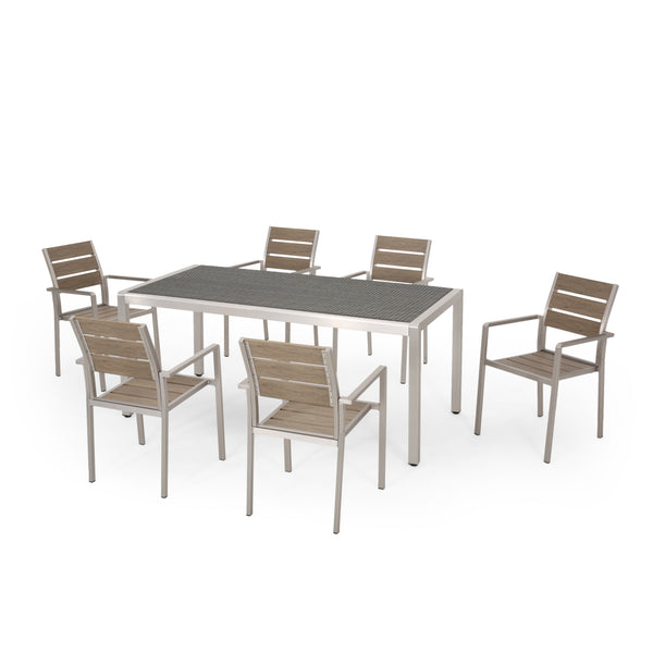 gdf studio Cherie Outdoor Modern Aluminum 6 Seater Dining Set with Faux Wood Seats