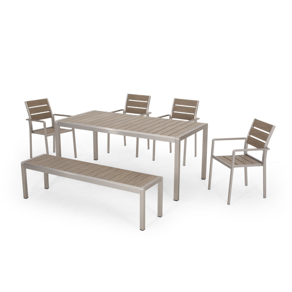 gdf studio Cherie Outdoor Modern Aluminum 6 Seater Dining Set with Dining Bench