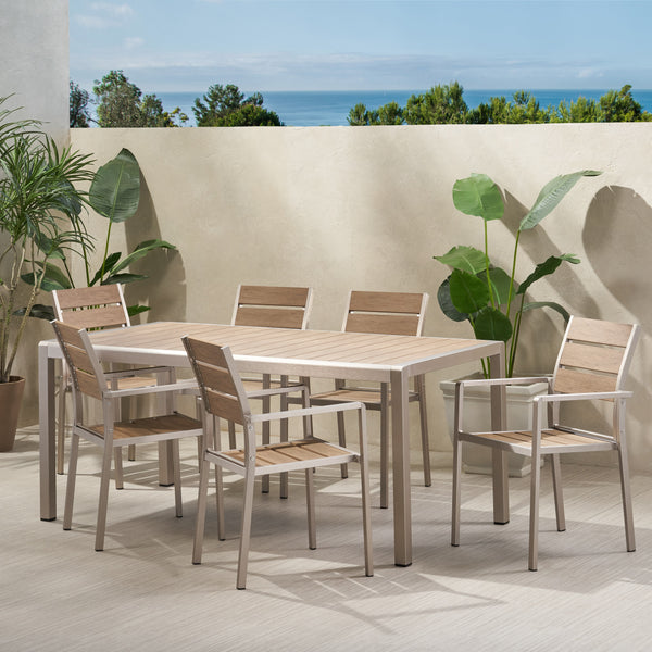 Gdf Studio Cherie Outdoor Modern Aluminum And Faux Wood 6 Seater Dining Set