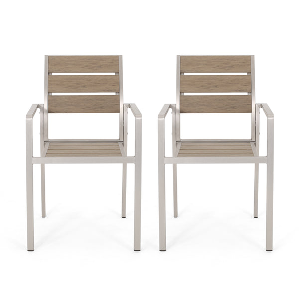 gdf studio Cherie Outdoor Modern Aluminum Dining Chair with Faux Wood Seat (Set of 2)