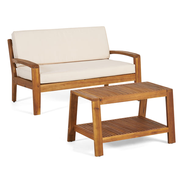 Gdf Studio Christian Outdoor Acacia Wood Loveseat And Coffee Table Set With Cushions