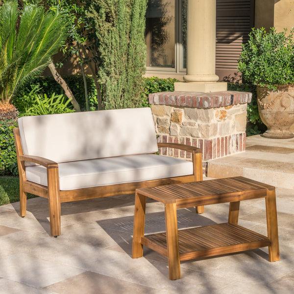 Gdf Studio Christian Outdoor Acacia Wood Loveseat And Coffee Table Set With Cushions