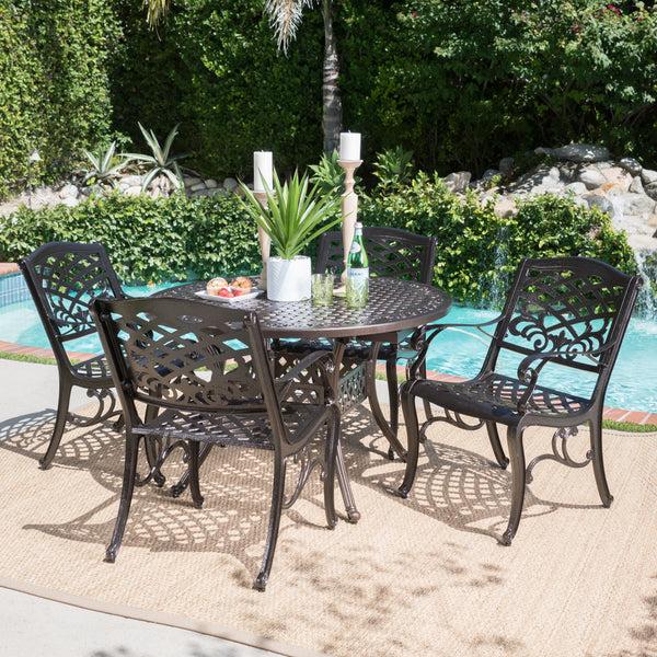 Gdf Studio Clarisse Outdoor 5 Piece Hammered Bronze Finished Aluminum Dining Set With Expandable Table
