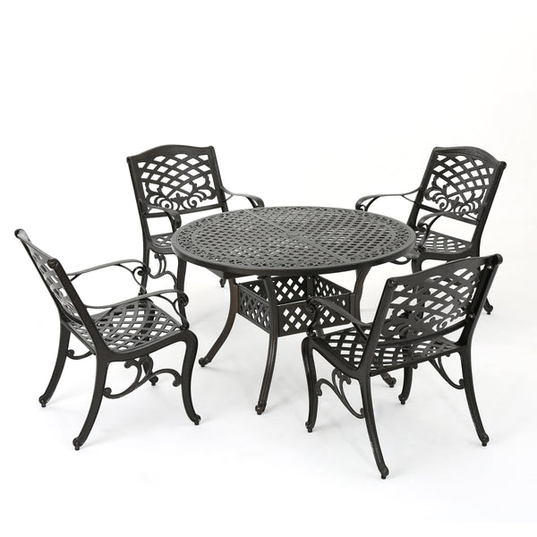 gdf studio Clarisse Outdoor 5 Piece Hammered Bronze Finished Aluminum Dining Set with Expandable Table