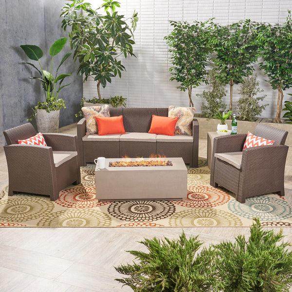 Gdf Studio Clay Outdoor 5-Seater Wicker Print Chat Set With Fire Pit And Tank Holder