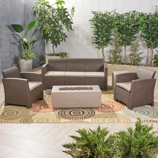 Gdf Studio Clay Outdoor 5-Seater Wicker Print Chat Set With Fire Pit And Tank Holder
