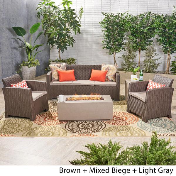 Gdf Studio Clay Outdoor 5-Seater Wicker Print Chat Set With Fire Pit And Tank Holder