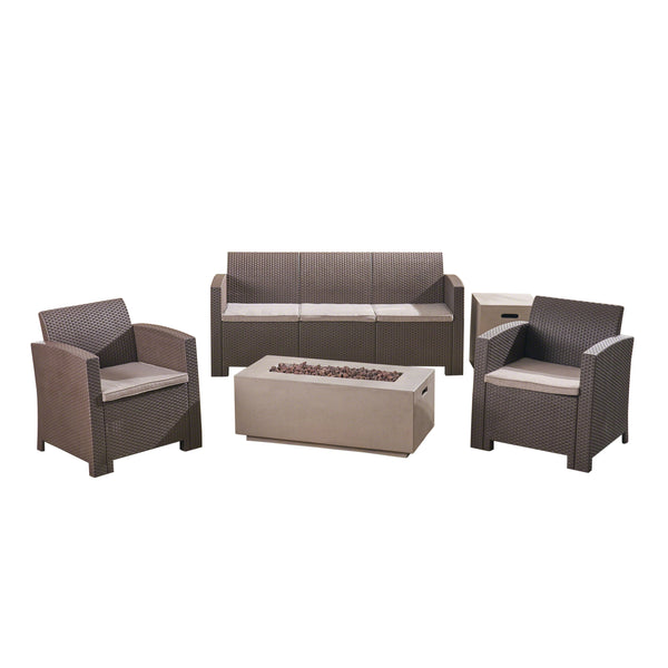 gdf studio Clay Outdoor 5-Seater Wicker Print Chat Set with Fire Pit and Tank Holder