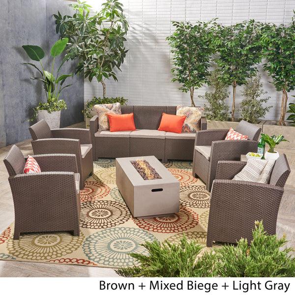 Gdf Studio Clay Outdoor 7-Seater Wicker Print Chat Set With Fire Pit And Tank Holder