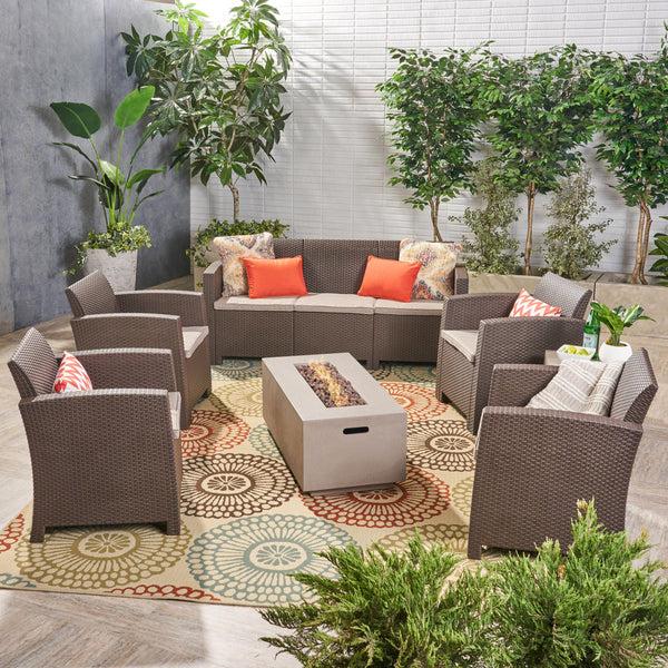Gdf Studio Clay Outdoor 7-Seater Wicker Print Chat Set With Fire Pit And Tank Holder