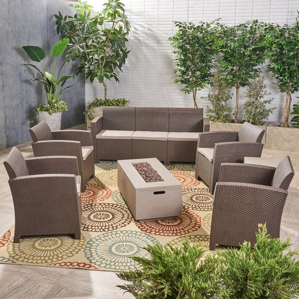 Gdf Studio Clay Outdoor 7-Seater Wicker Print Chat Set With Fire Pit And Tank Holder