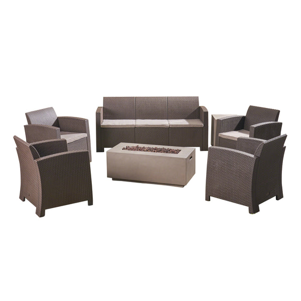gdf studio Clay Outdoor 7-Seater Wicker Print Chat Set with Fire Pit and Tank Holder