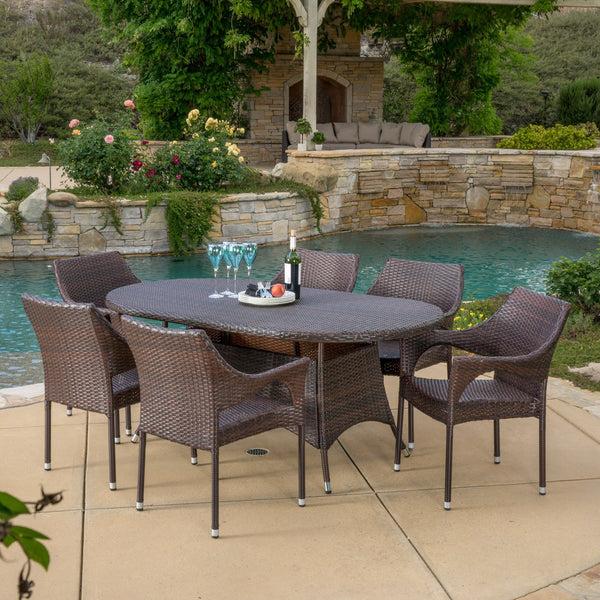 Gdf Studio Clayton Outdoor 7pc Multibrown Wicker Round Dining Set