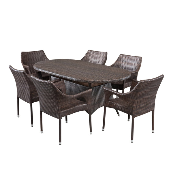 gdf studio Clayton Outdoor 7pc Multibrown Wicker Round Dining Set