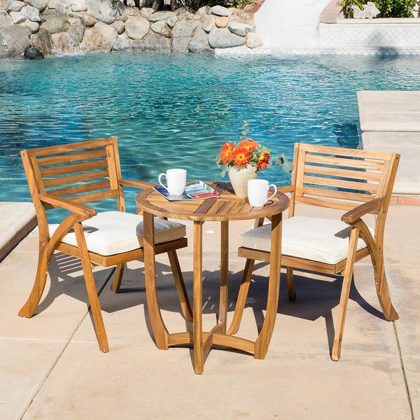 Gdf Studio CoastSide Outdoor 3-Piece Teak Finish Acacia Wood Bistro Set With Cream Cushions