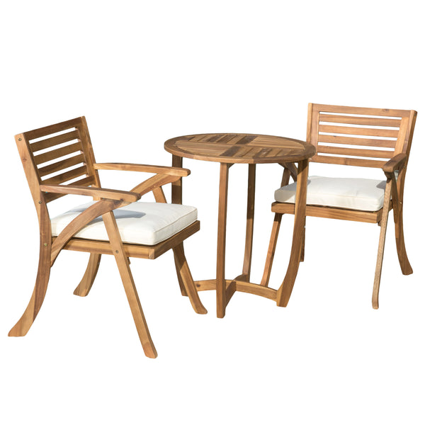 gdf studio CoastSide Outdoor 3-Piece Teak Finish Acacia Wood Bistro Set with Cream Cushions