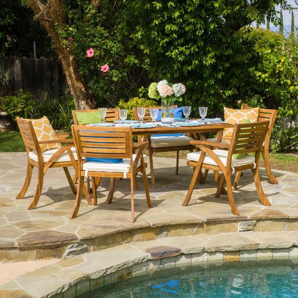 Gdf Studio Coastside Outdoor Transitional 7-Piece Teak Acacia Wood Dining Set With Cushions