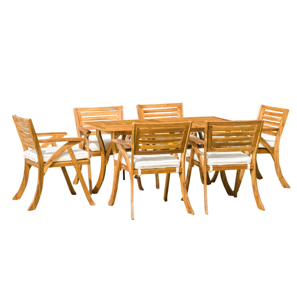 gdf studio Coastside Outdoor Transitional 7-Piece Teak Acacia Wood Dining Set with Cushions