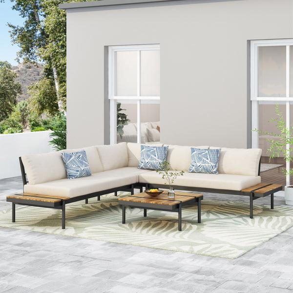 Gdf Studio Cody Outdoor Acacia Wood 5 Seater Sectional Sofa Set With Water Resistant Cushions Teak Black And Cream