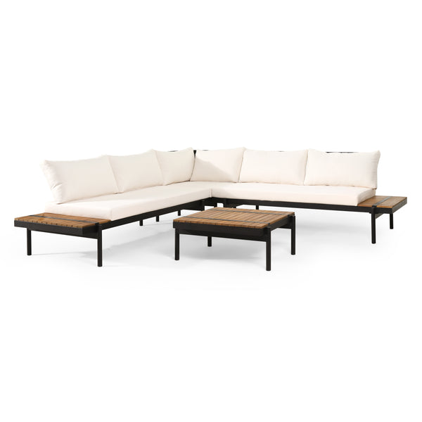 gdf studio Cody Outdoor Acacia Wood 5 Seater Sectional Sofa Set with Water Resistant Cushions Teak Black and Cream
