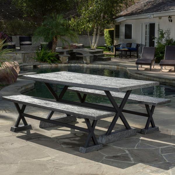 Gdf Studio Colby Outdoor 3 Piece Lightweight Concrete Dining Set With Benches