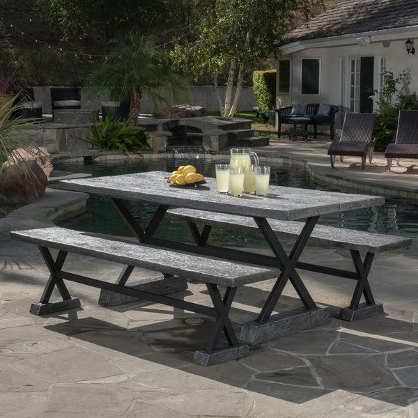 gdf studio Colby Outdoor 3 Piece Lightweight Concrete Dining Set with Benches