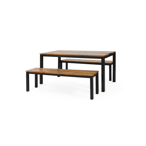 gdf studio Colcord Outdoor Modern Industrial Acacia Wood 3 Piece Picnic Set Teak and Black