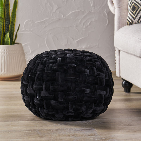 gdf studio Colerain Modern Glam Handcrafted Cable Weave Velvet Round Pouf