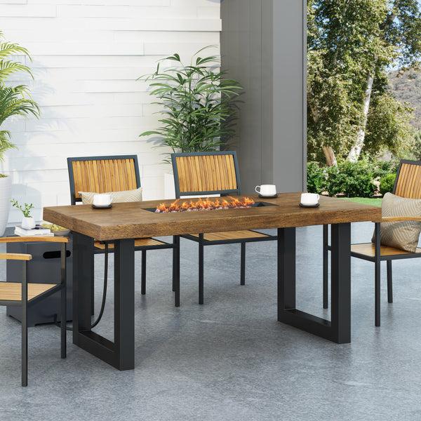 Gdf Studio Collinston Outdoor 40 000 BTU Fire Pit Dining Table With Tank Holder Antique Teak Black And Dark Gray