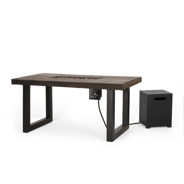 gdf studio Collinston Outdoor 40 000 BTU Fire Pit Dining Table with Tank Holder Antique Teak Black and Dark Gray